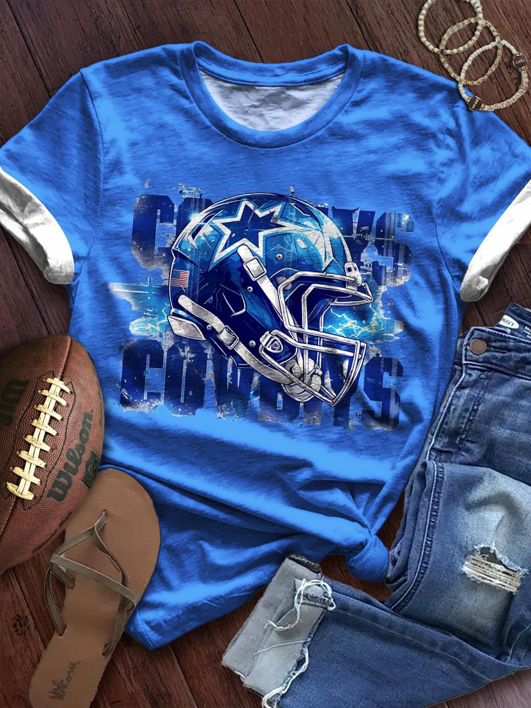 Women's Retro Denim Football Print Crew Neck T-shirt