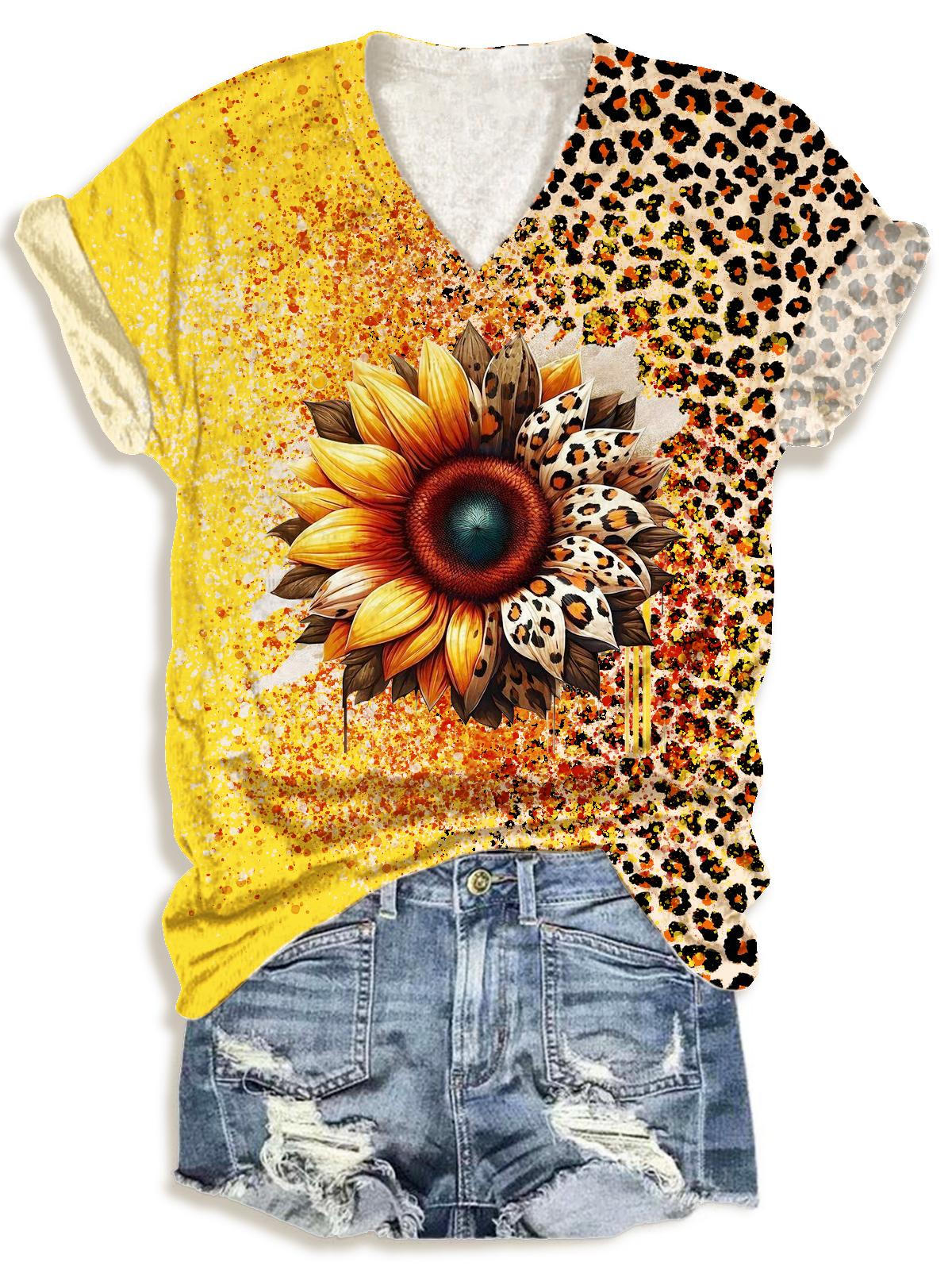 Women's Christian Sunflower Leopard Print V-Neck T-Shirt