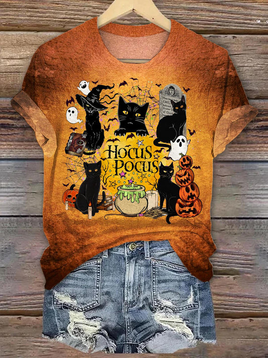 Halloween Cute Cat Crew Neck T-shirt