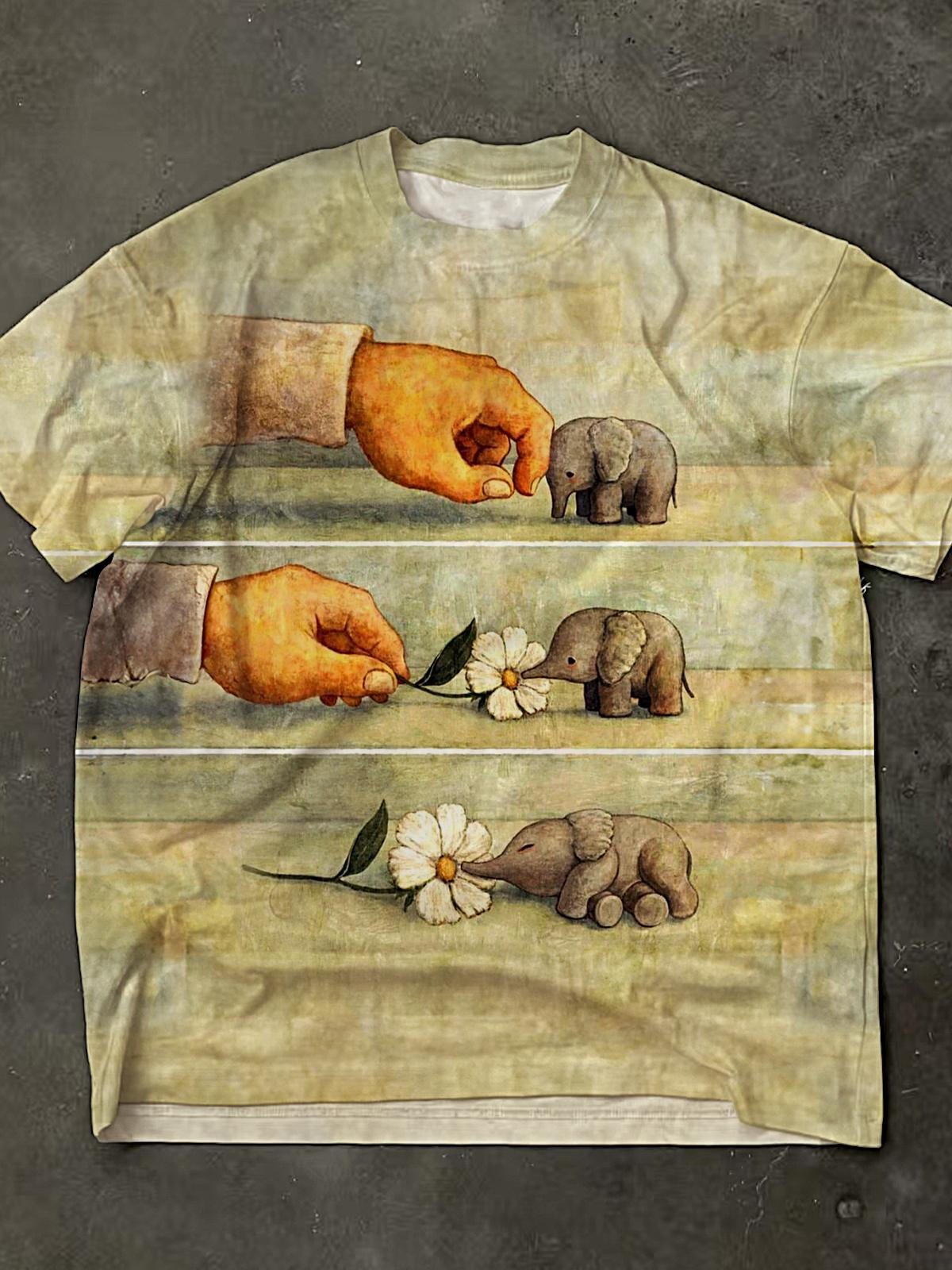 Cute Elephant Flower Print Crew Neck T-shirt