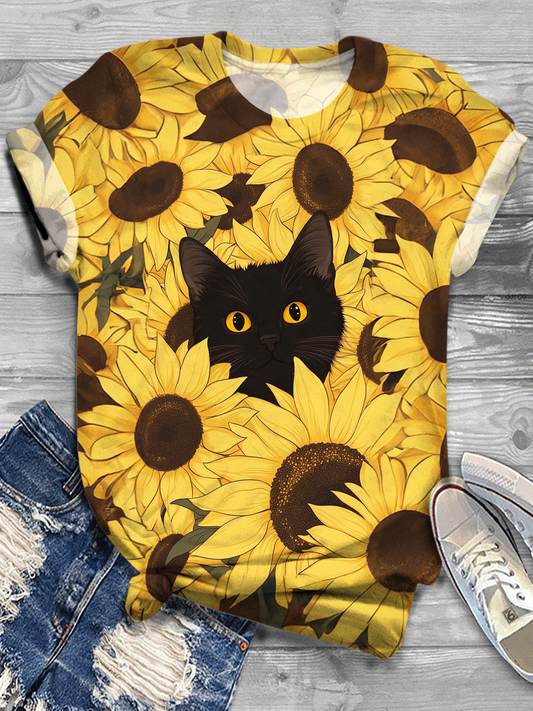 Vintage Autumn Sunflowers Black Cat Art Crew Neck T-shirt
