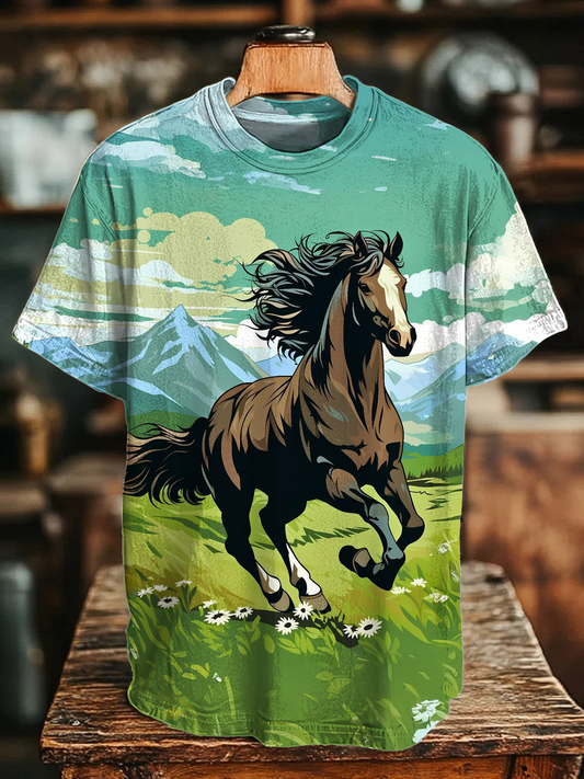 Western Scenery Horse Art Crew Neck T-shirt
