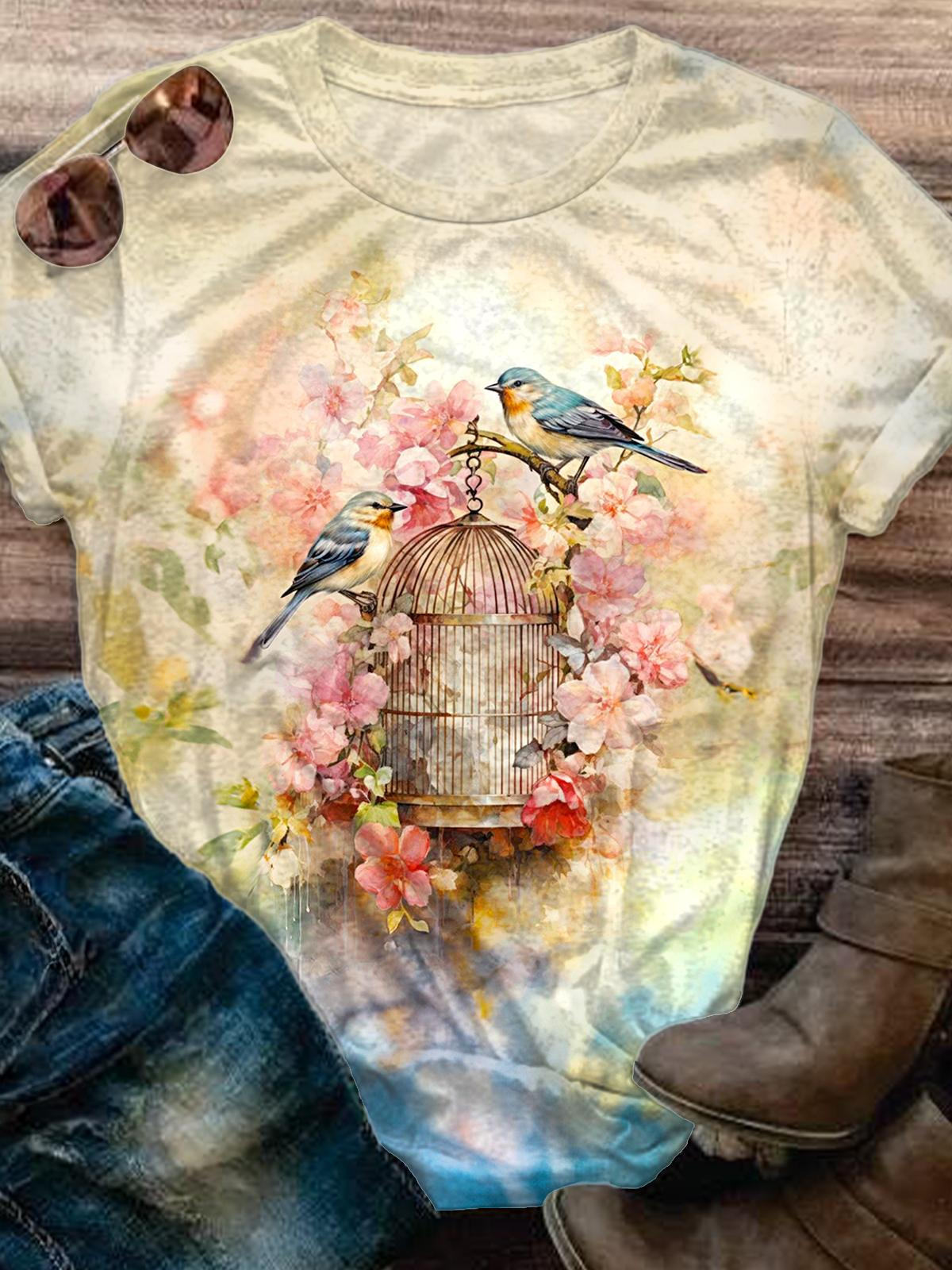 Retro Flowers And Birds Printed Crew Neck T-shirt