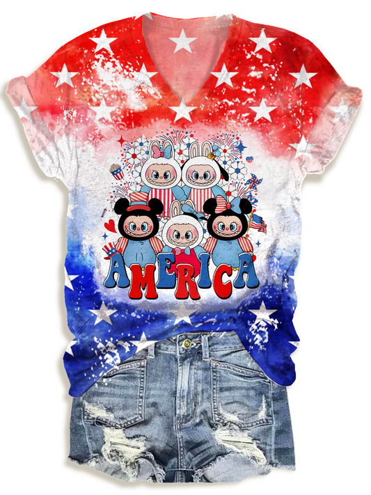 Independence Day Cute Cartoon Red White Blue 4th of July V-neck T-Shirt