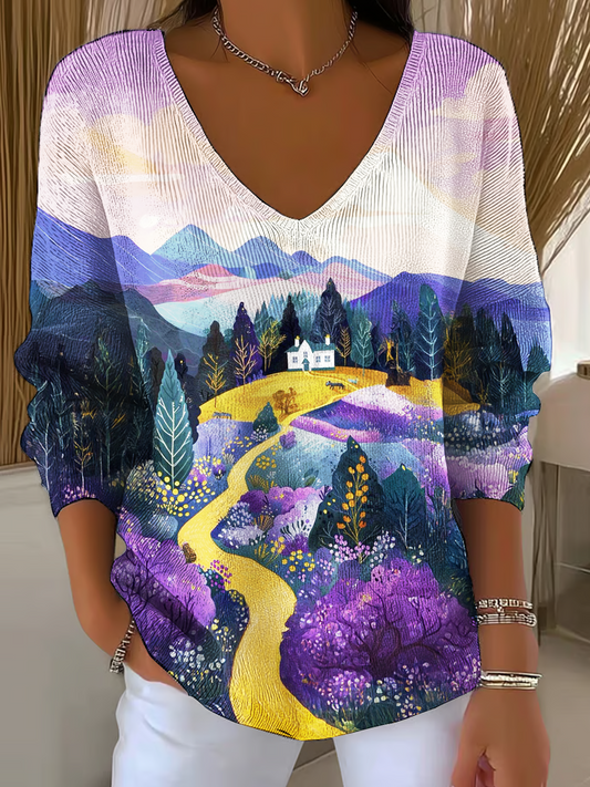 Cozy Fall Color Art Casual V Neck Pullover Sweater