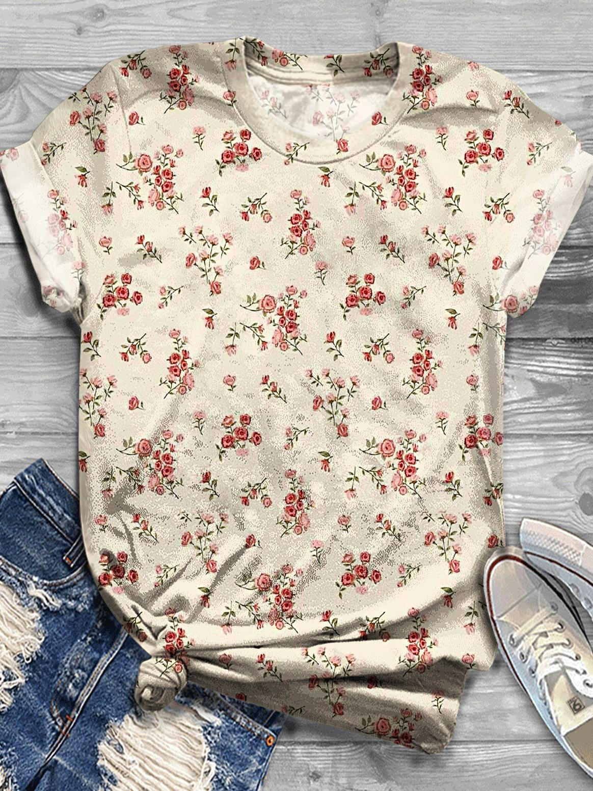 Women's Retro Floral Print Crew Neck T-shirt