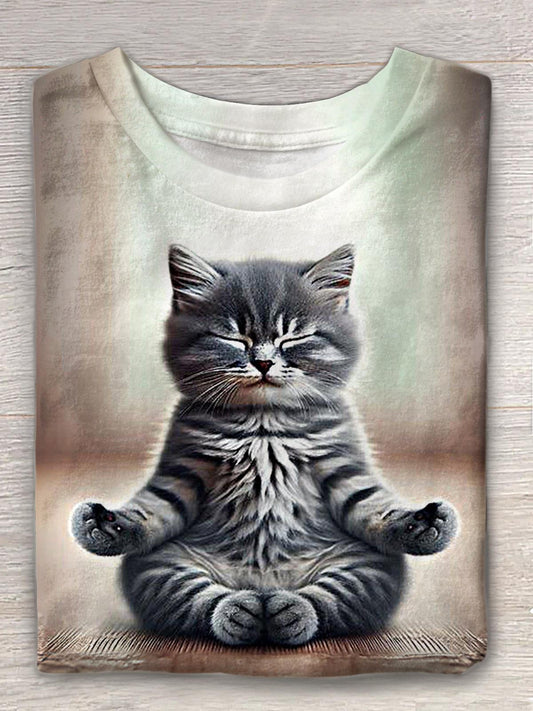 Women's Cute Yoga Cat Print Crew Neck T-shirt