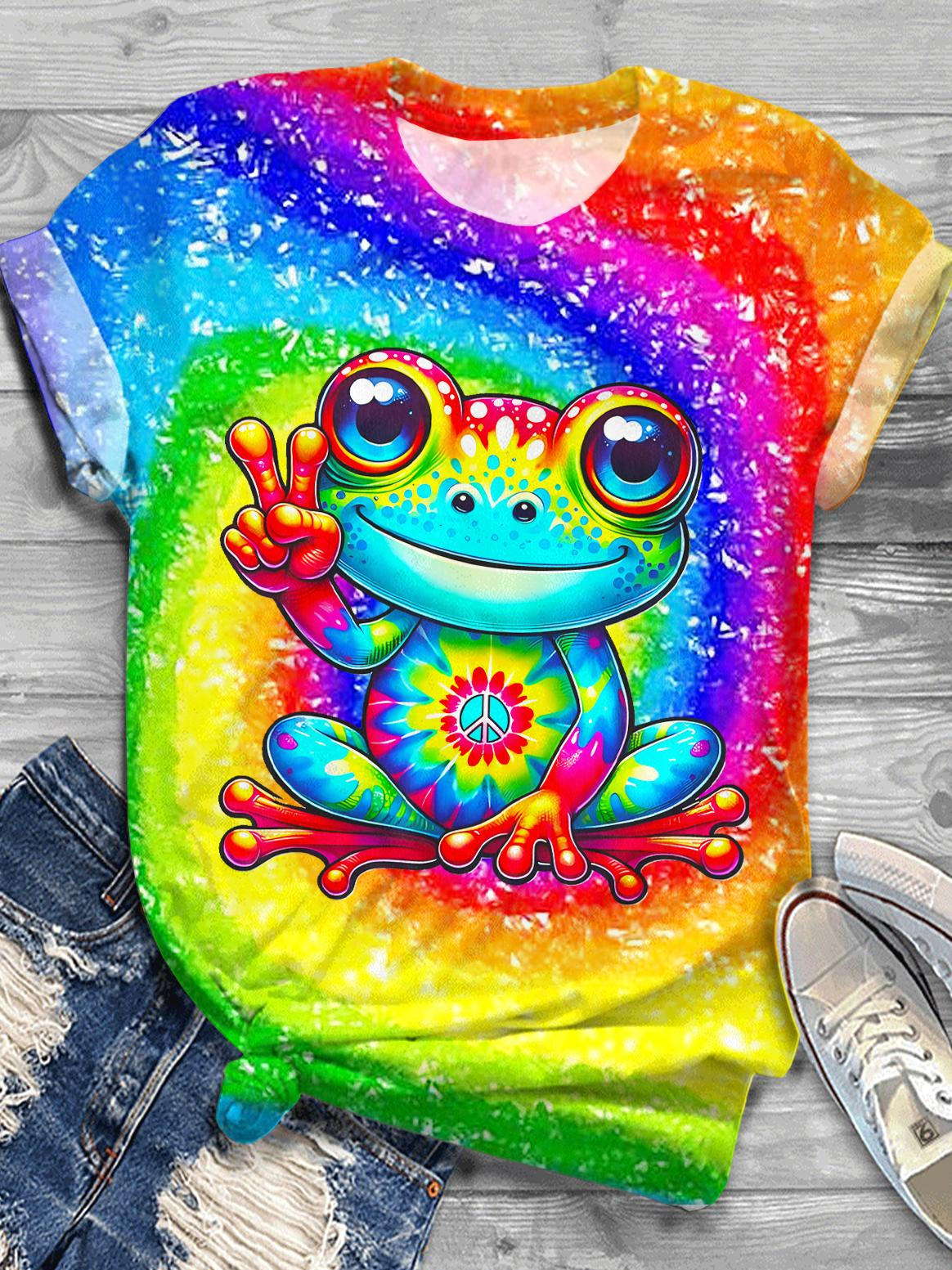 Hippie Cute Frog Crew Neck T-shirt