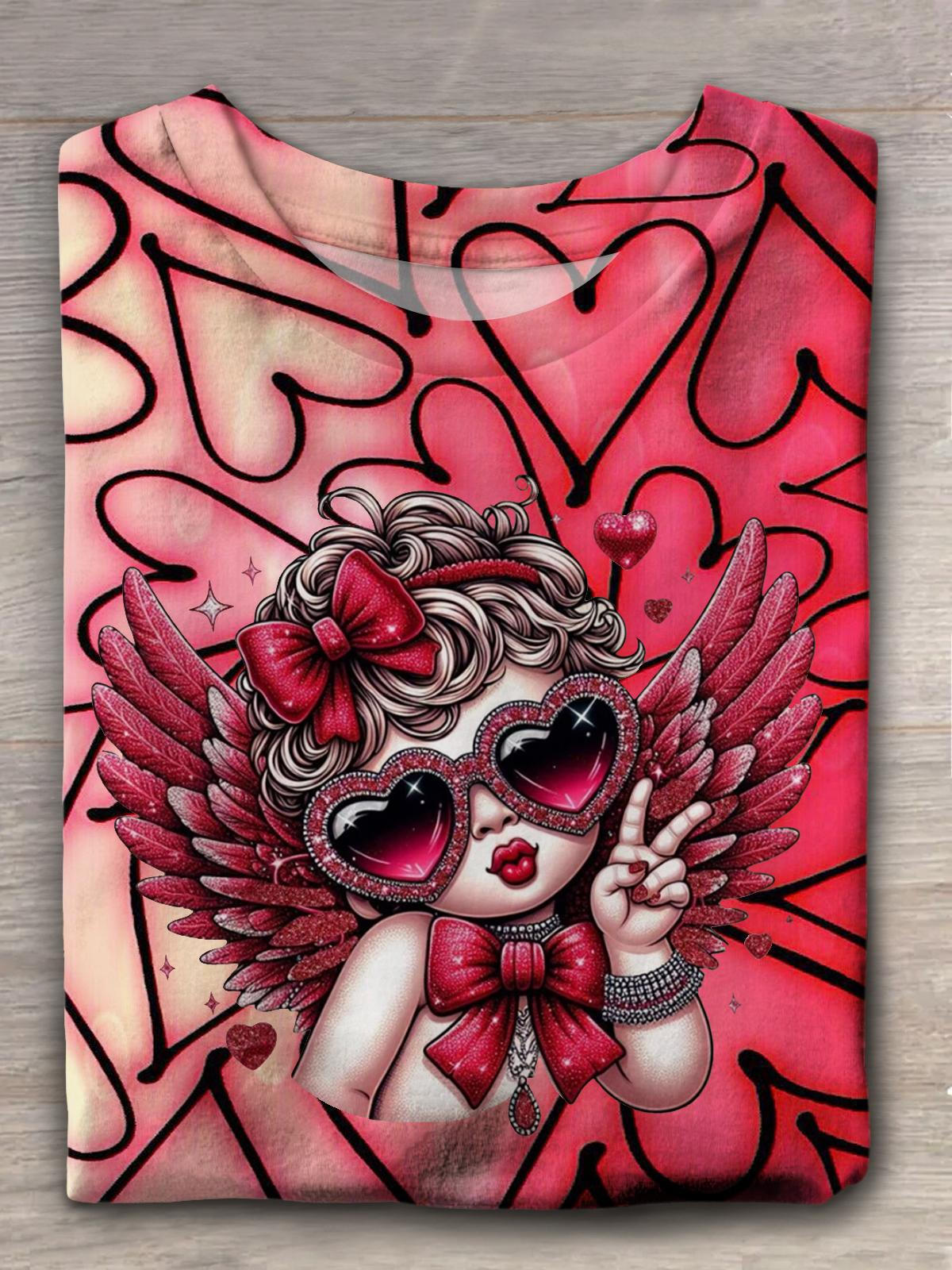 Retro Glitter Cupid Valentine Crew Neck T-shirt