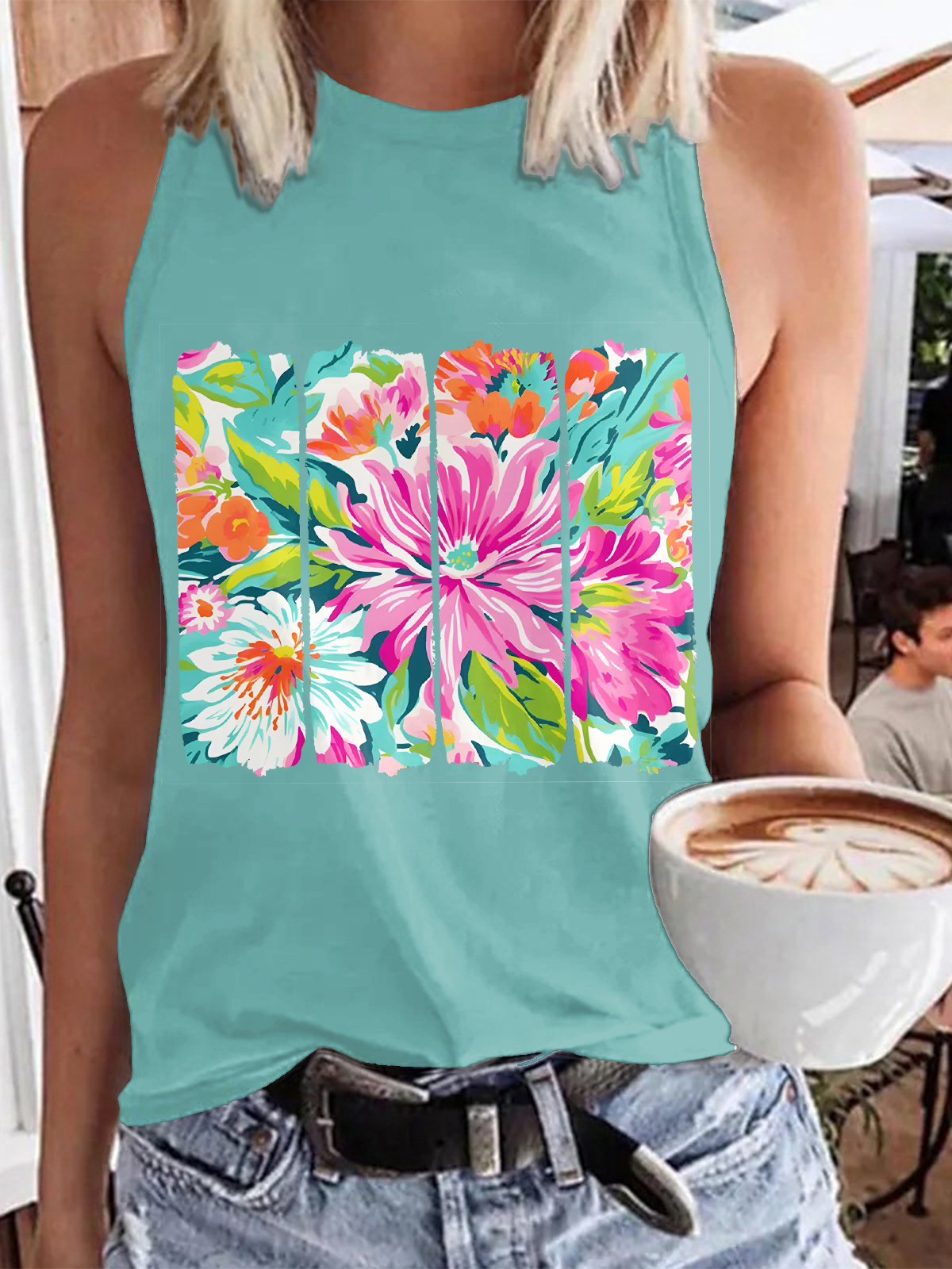 Preppy Floral Brushstroke Print Casual Sleeveless Top