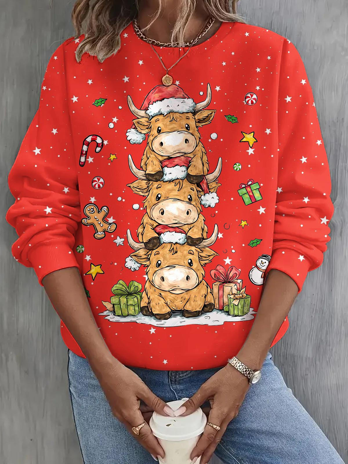 Christmas Highland Cow Long Sleeve Casual Top