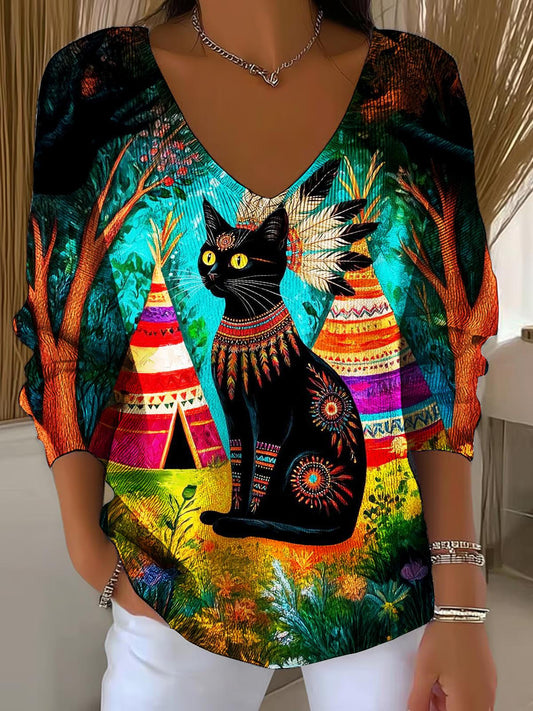 Retro Art Black Cat Casual V Neck Pullover Sweater