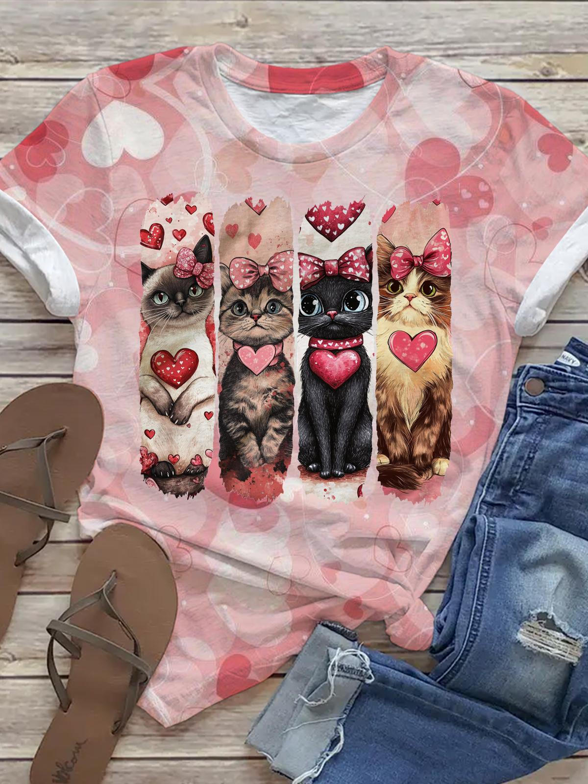 Women's Valentine Cat Crew Neck T-shirt