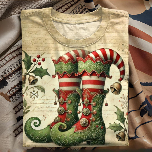 Christmas Elf Christmas Boots Print Crew Neck T-shirt