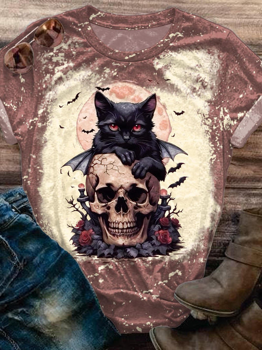Halloween Skull Black Cat Crew Neck T-shirt