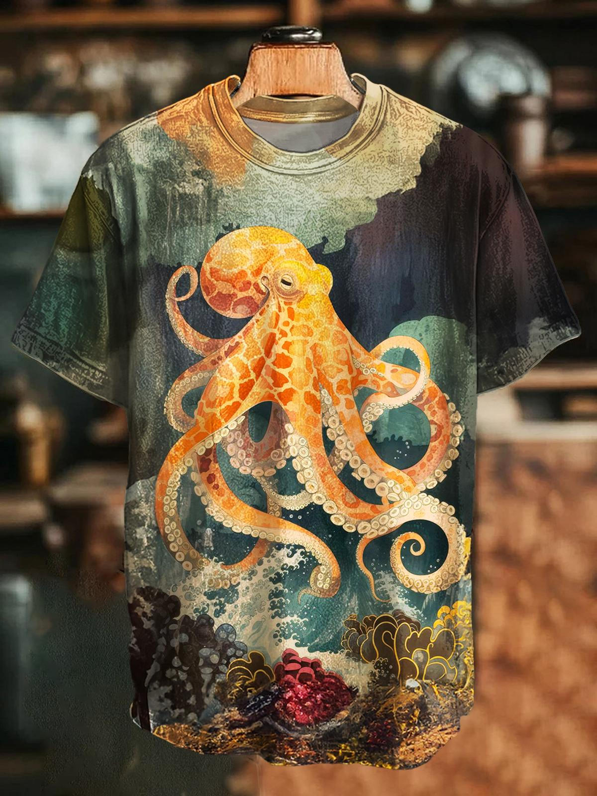 Vintage Octopus Print Crew Neck T-shirt