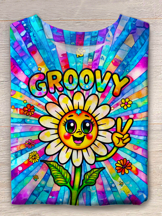 Colorful Hippie Flowers GroovyCrew Neck T-shirt