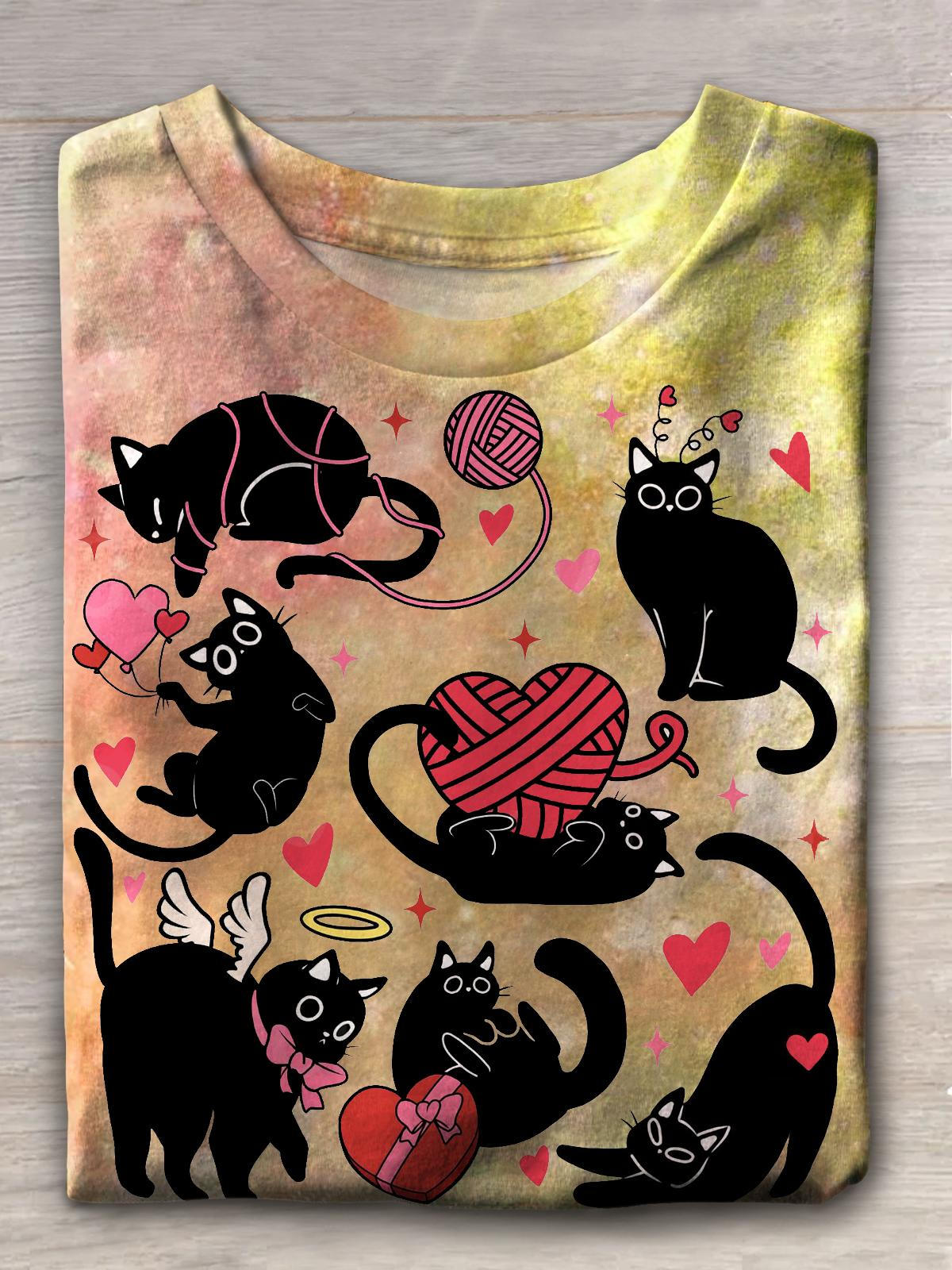 Women's Valentine's Day Cute Cat Playing Print Casual T-shirt