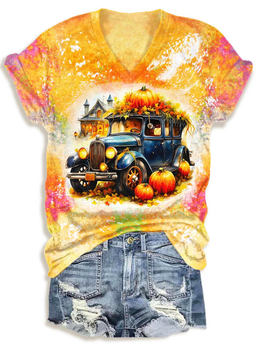 Autumn Pumpkin Print V-neck T-Shirt