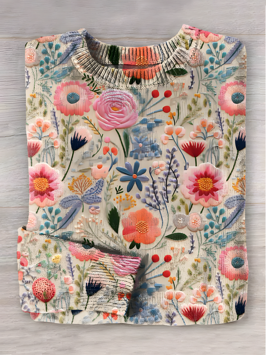 Breast Cancer Awareness Flora Art Print Casual Crew Neck Pullover Sweater