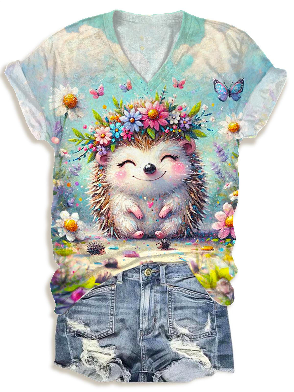 Cute Floral Hedgehog Print V-neck T-Shirt