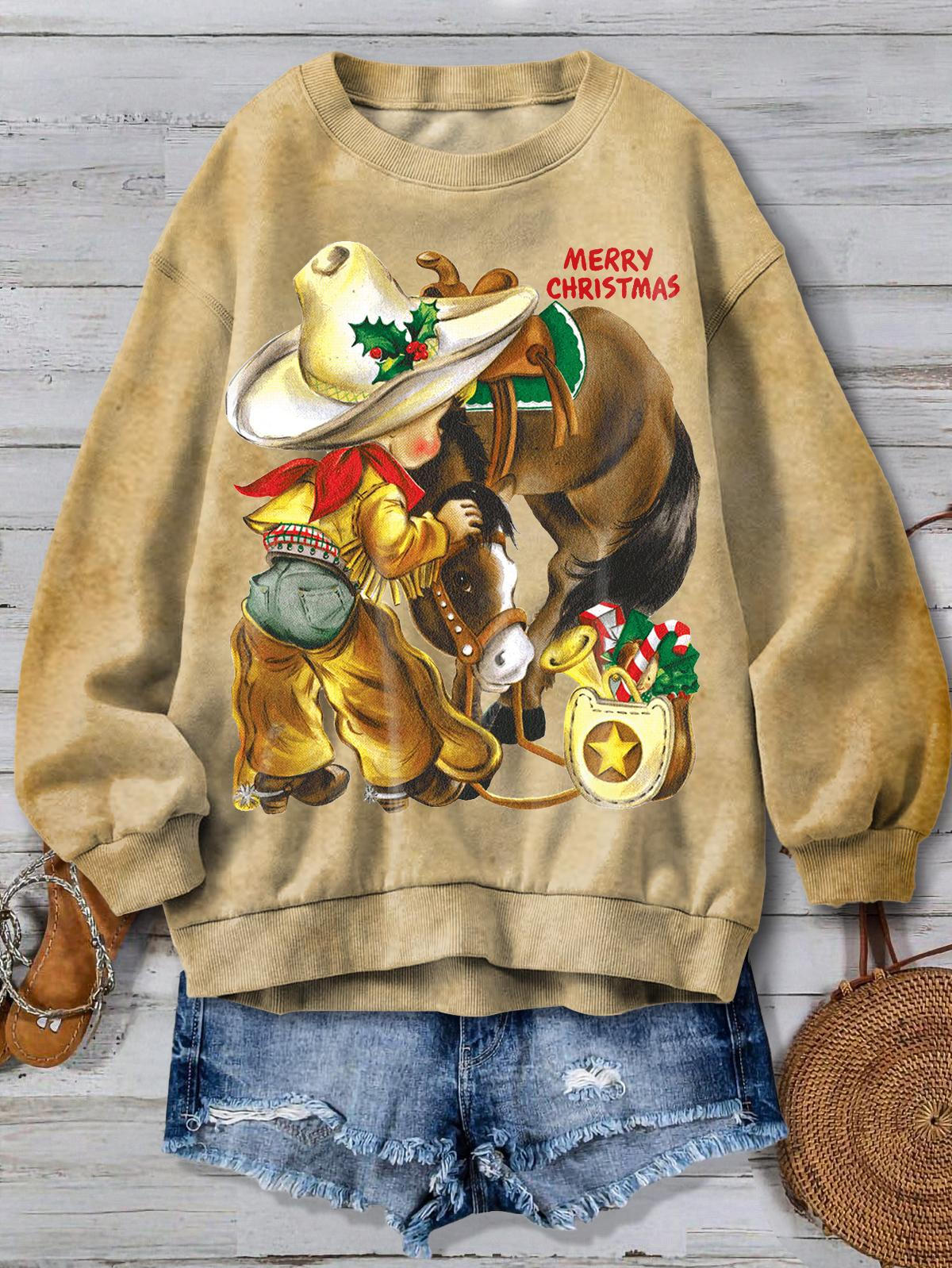 Christmas Western Cowboy Horse Retro Print Long Sleeve Top