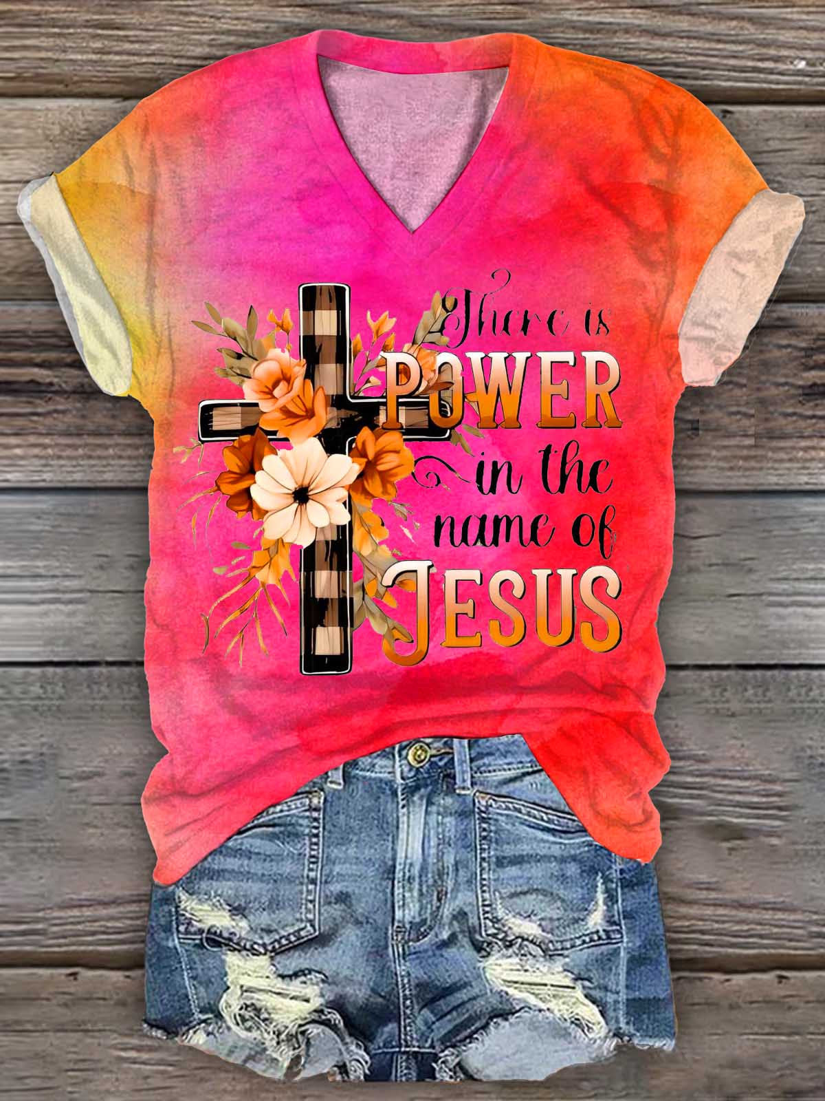 Women's Jesus Christian Print V-Neck T-Shirt