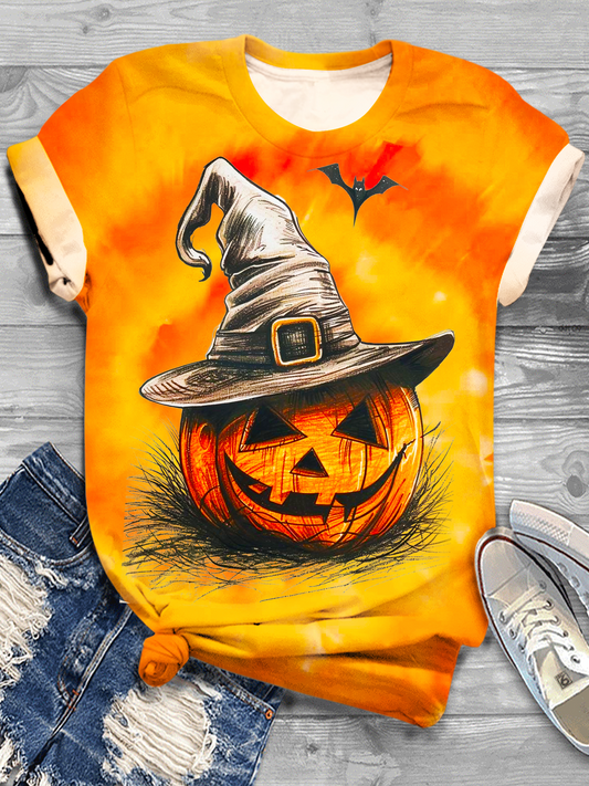 Tie-Dye Halloween Evil Pumpkin Crew Neck T-shirt