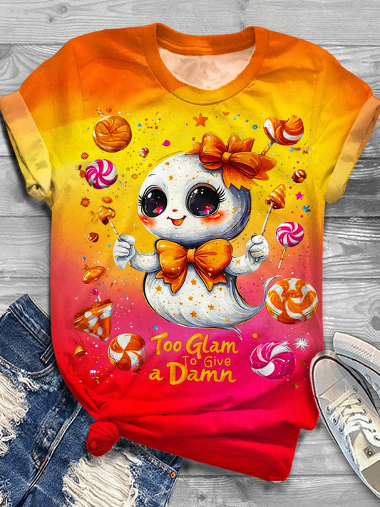 Halloween Pumpkin Ghost Print Crew Neck T-shirt