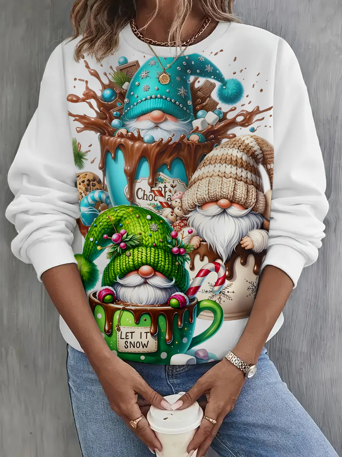 Let It Snow Cute Gnome Printed Long Sleeve Casual Top