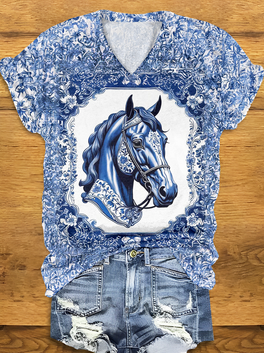 Vintage Blue Floral Horse Art V-neck T-Shirt