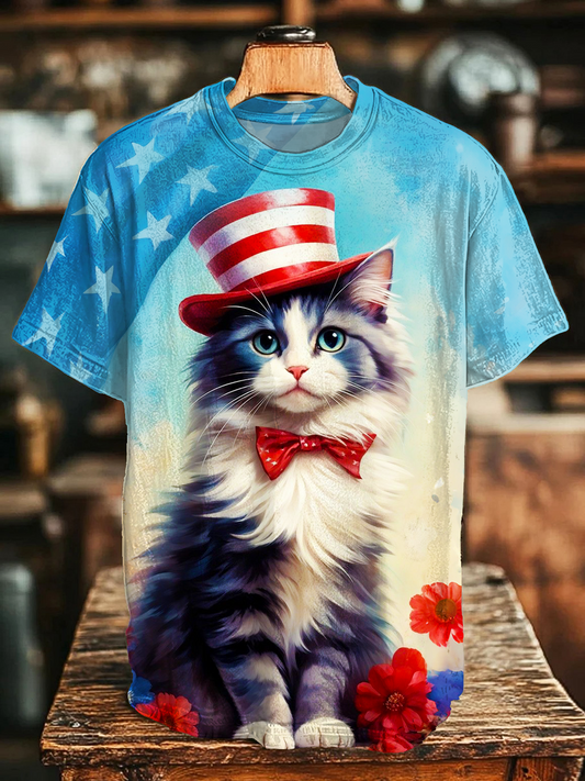 Independence Day Flowers American Flag Cat Art Crew Neck T-shirt