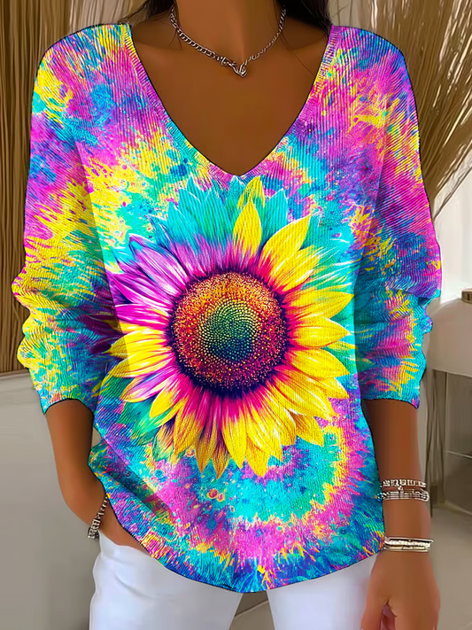 Hippie Tie-Dye Sunflowers Casual V Neck Pullover Sweater