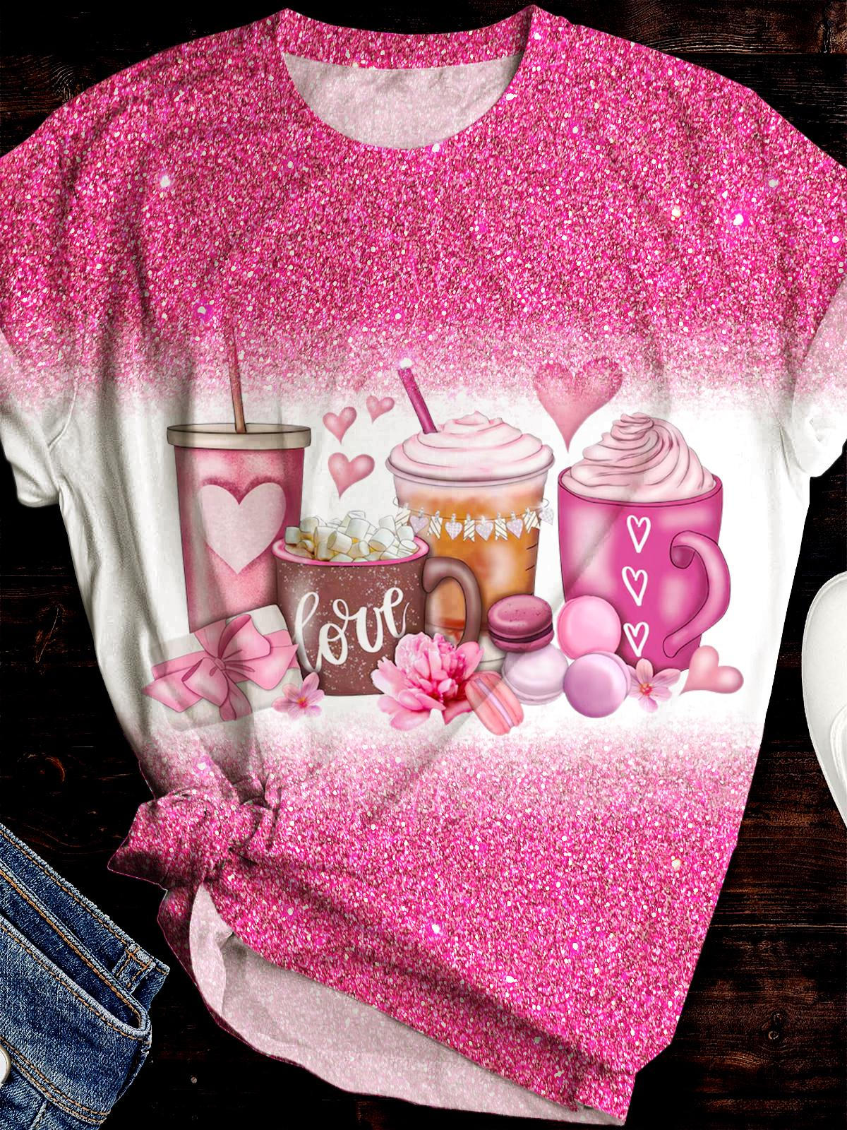 Retro Sequin Coffee Valentine's Day Print Crew Neck T-shirt
