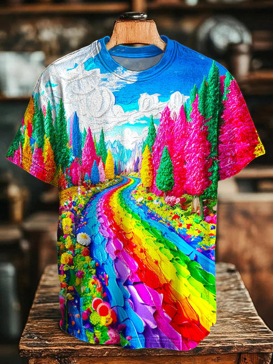 Hippie Rainbow Forest Print Crew Neck T-shirt