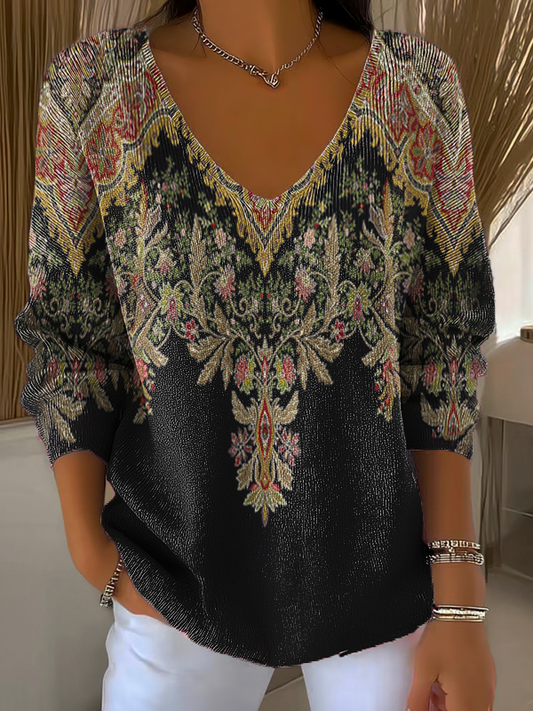Ethnic Totem Flowers Art Casual V Neck Pullover Sweater