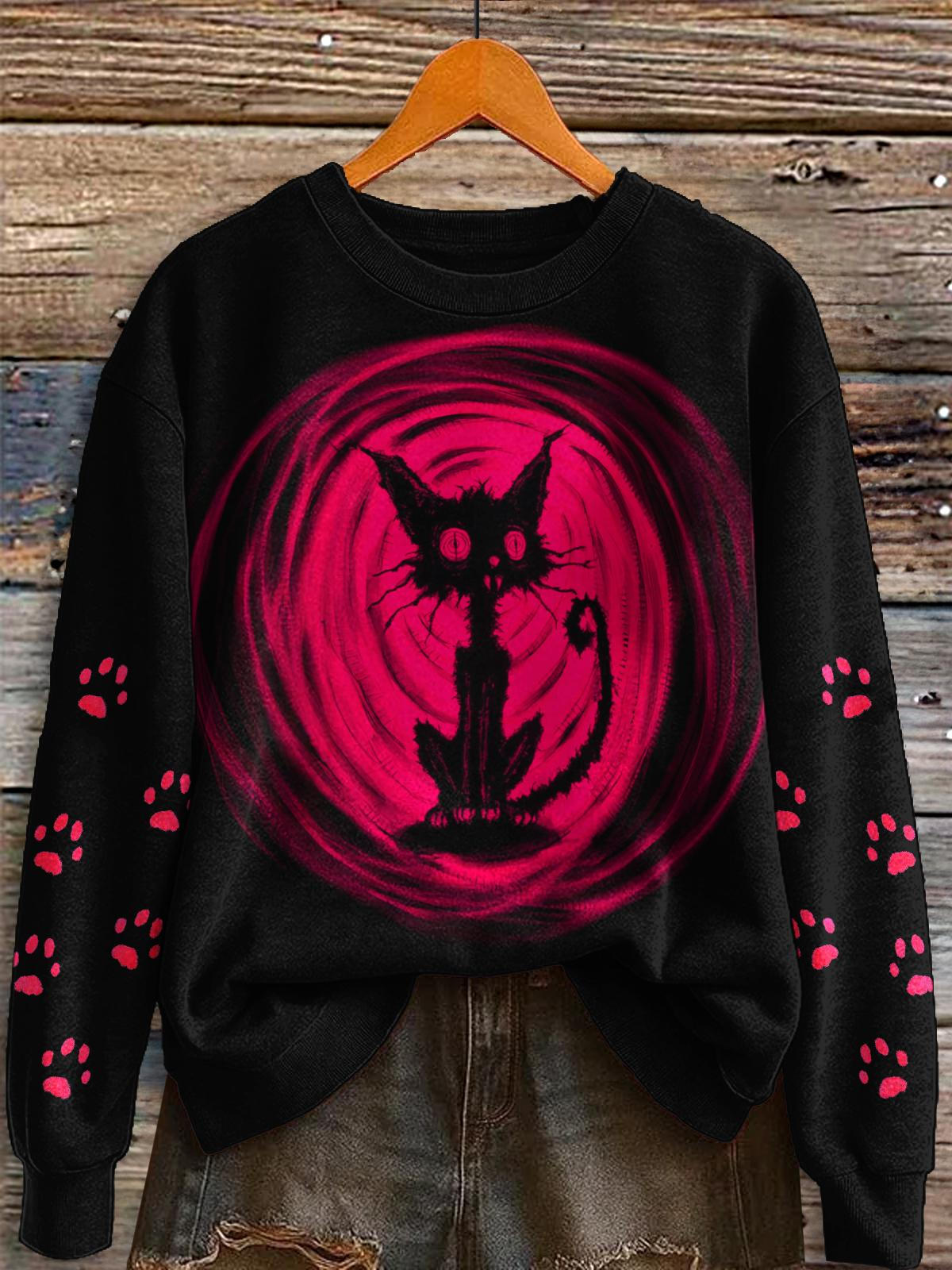 Halloween Gothic Kitten Print Long Sleeve Casual Top