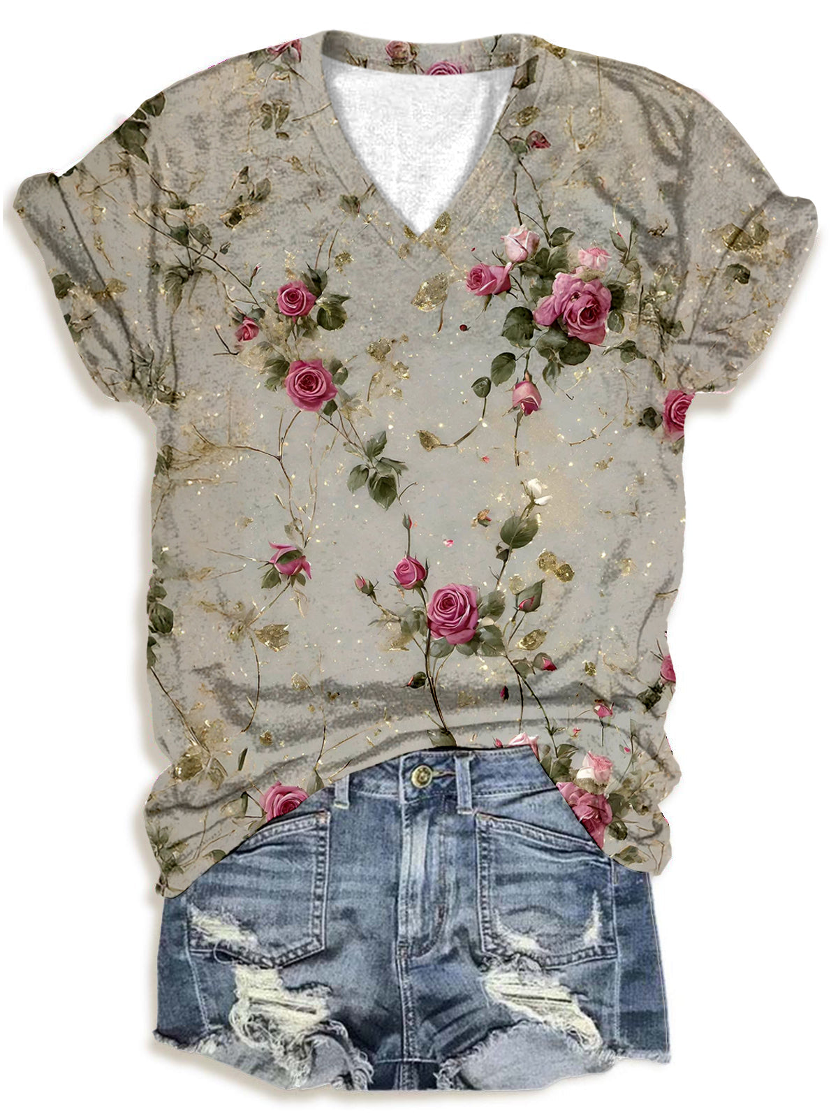 Women's Vintage Roses V-Neck T-Shirt