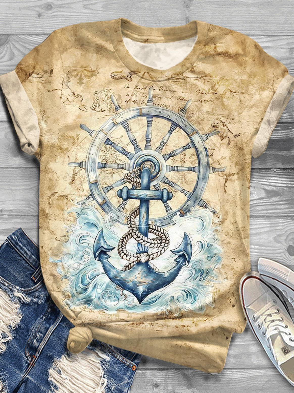 Retro Ocean Anchor Printed Round Crew Neck T-shirt