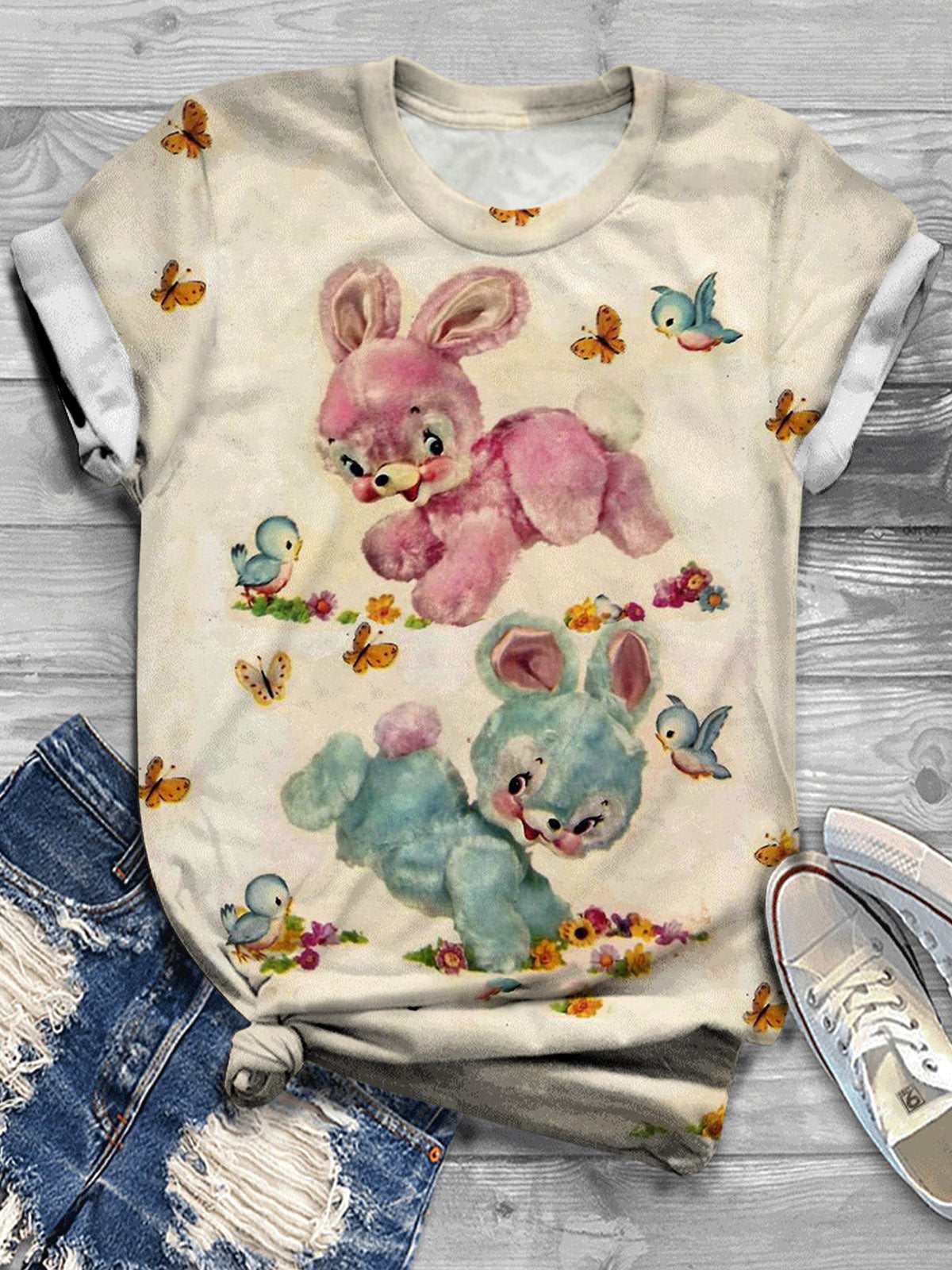 Women's Cute Rabbit Bird Floral Retro Print Casual T-shirt