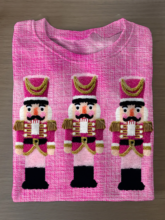 Latch Hook Yarn Crochet Pink Nutcrackers Printed Long Sleeve Casual Top