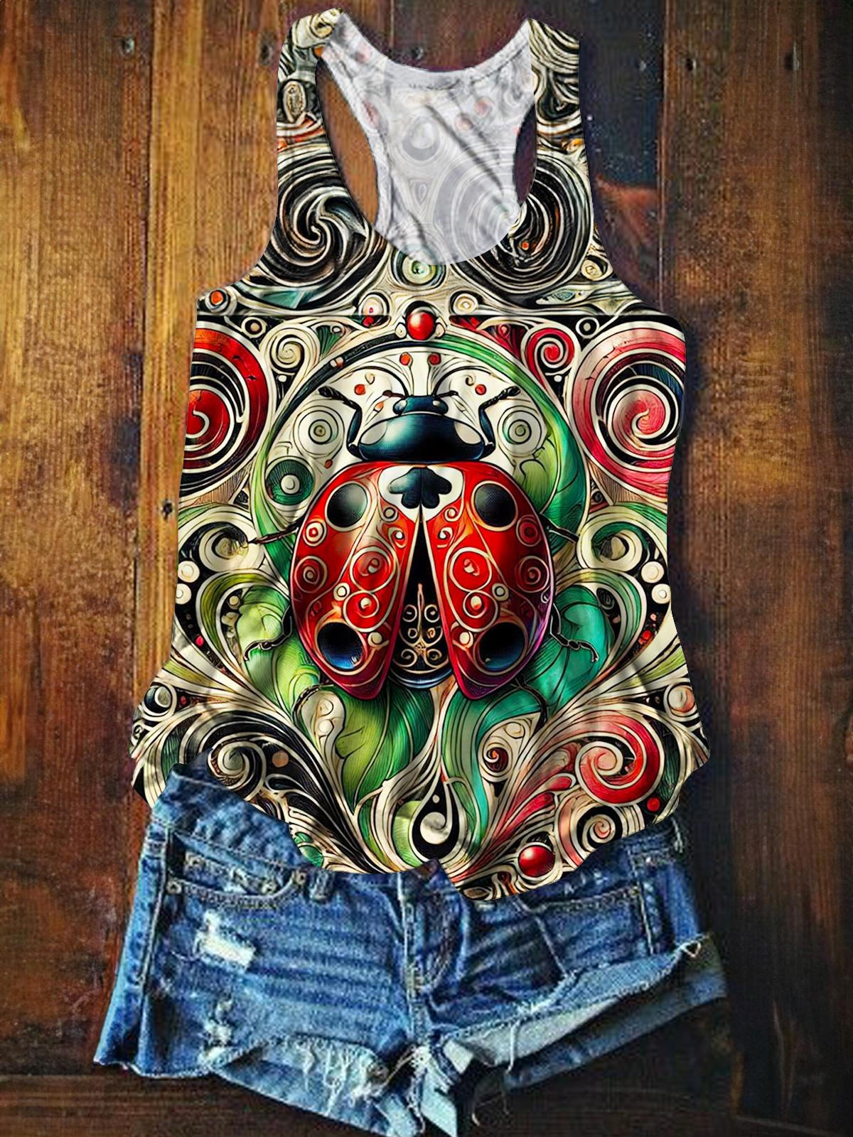 Vintage Floral Ladybug Printed Casual Tank Top