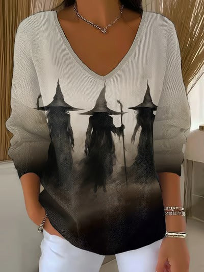 Halloween Witch Casual V Neck Pullover Sweater