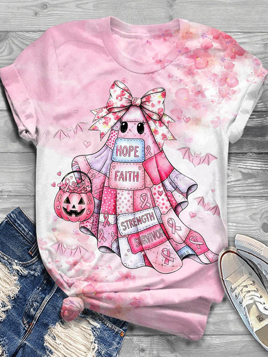 Autumn Ghost Breast Cancer Print Crew Neck T-shirt
