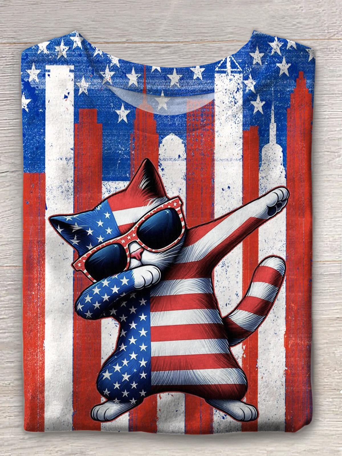 Independence Day Cute Kitten Printed Crew Neck T-shirt