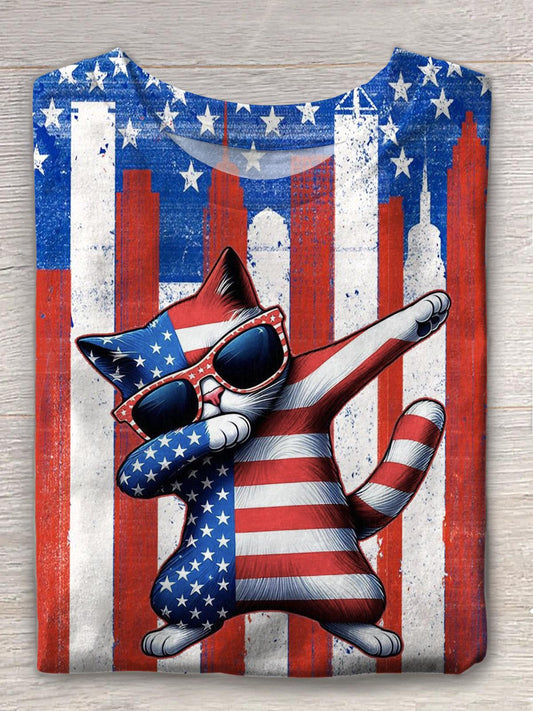 Independence Day Cute Kitten Printed Crew Neck T-shirt