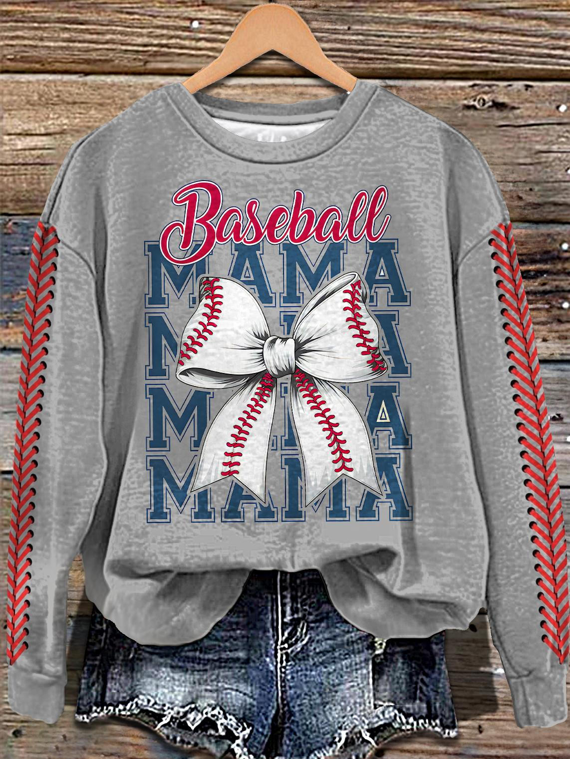 Retro Baseball Mom Bow Print Long Sleeve Casual Top