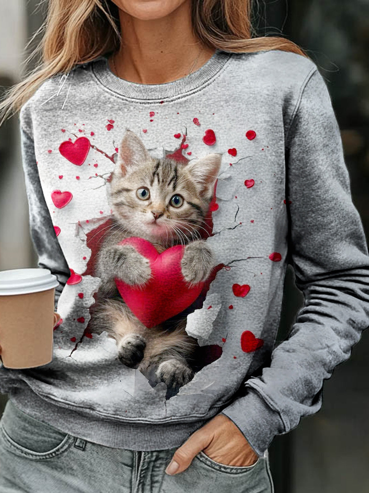 Women's Cute Kitten Valentine's Day Long Sleeve Casual Top
