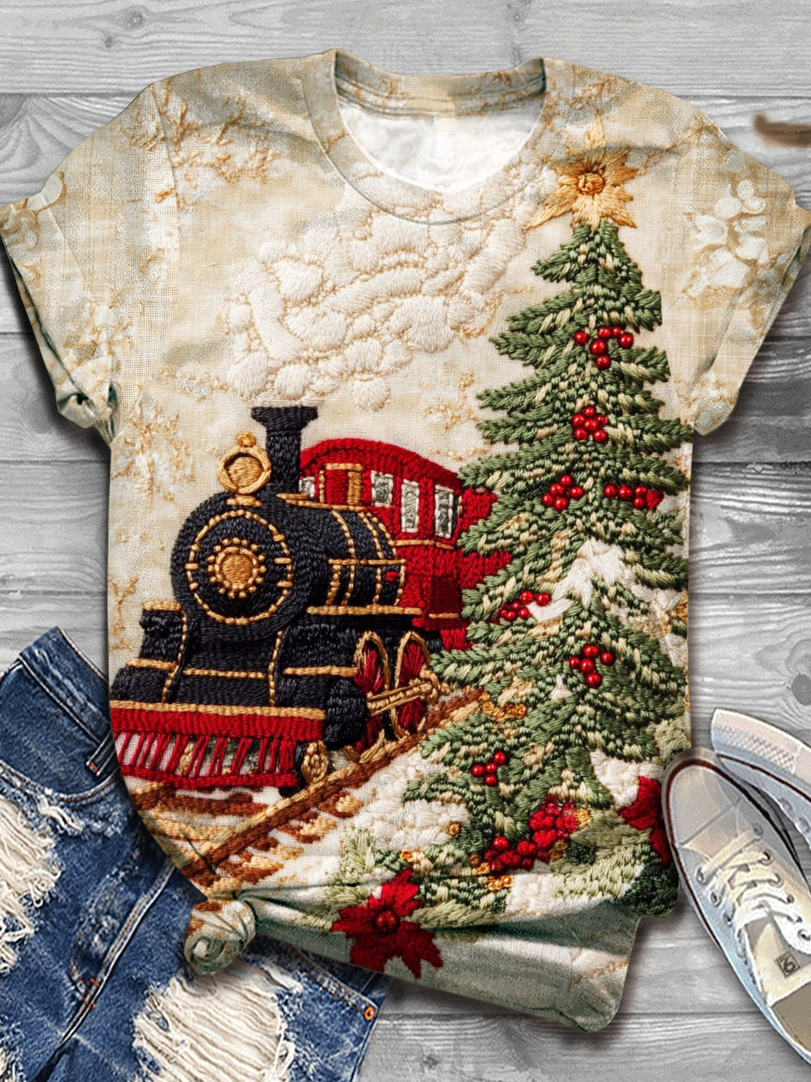Retro Christmas Train Crew Neck T-shirt