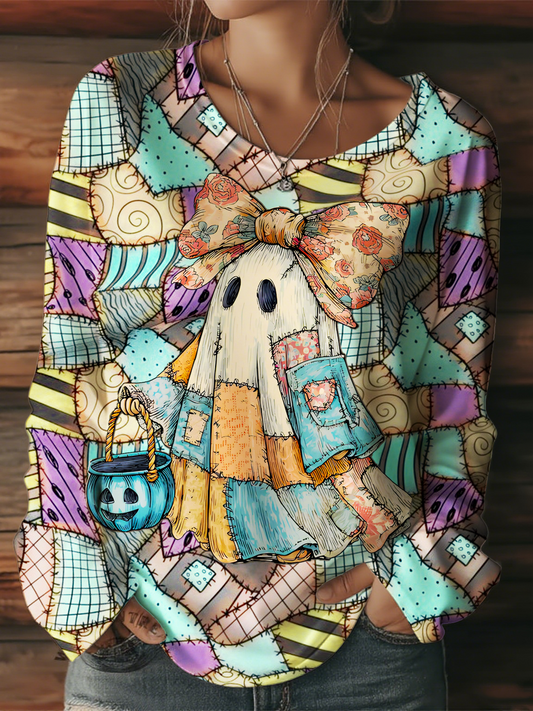 Retro Halloween Blue Denim Ghost Women's Round Neck Long Sleeve T-shirt